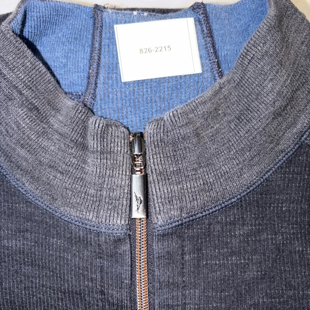 Tommy Bahama Mens Reversible Quarter Zip Pullover Blue Charcoal Gray Ribbed XL